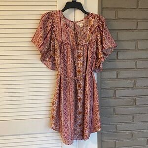 BOHO Floral Tie-Front Top Tunic in Pink & Rust